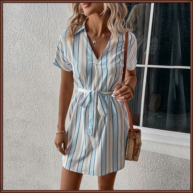 Đầm Sơ Mi Kẻ Sọc Cổ Bẻ Chất Liệu Polyester 100% Thời Trang Mùa Hè Phong Cách Âu Mỹ Cho Nữ 2023