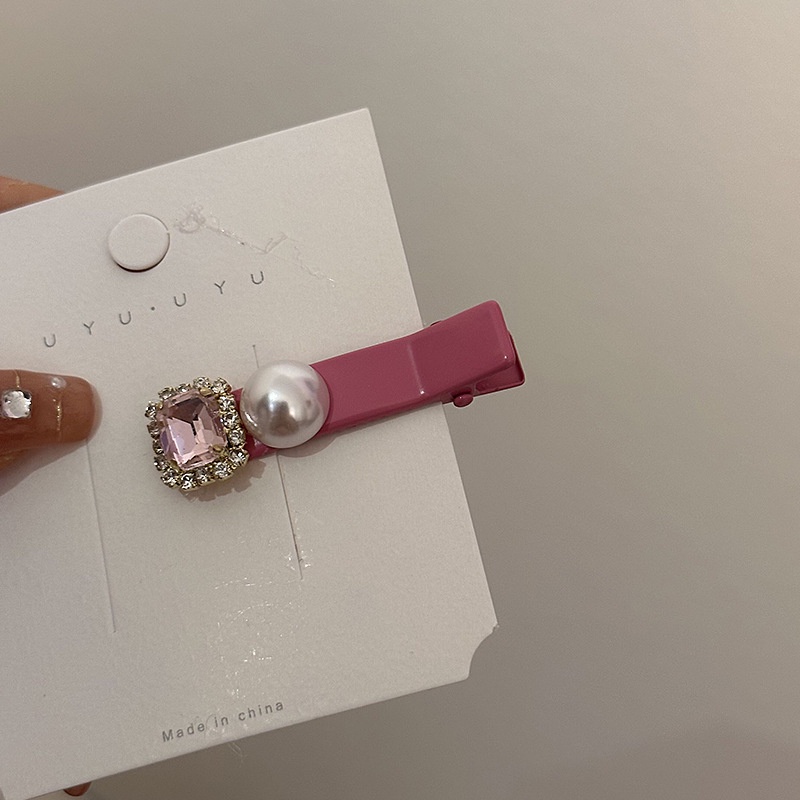 Kẹp Tóc Mỏ Vịt Phẳng Đính Kim Cương &amp; Ngọc Trai Màu Hồng Phong Cách Hàn Quốc Cho Nữ