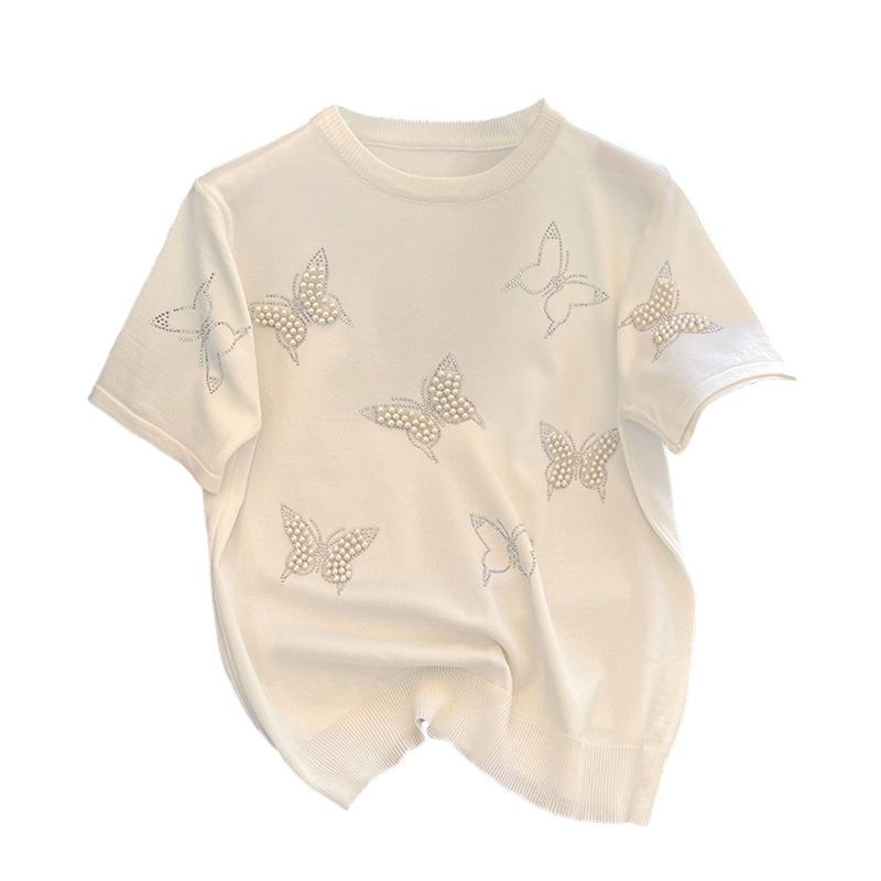 Áo Thun Dệt Kim Tay Ngắn In Hình Bướm Đính Hạt Thời Trang Mùa Hè Cho Nữ