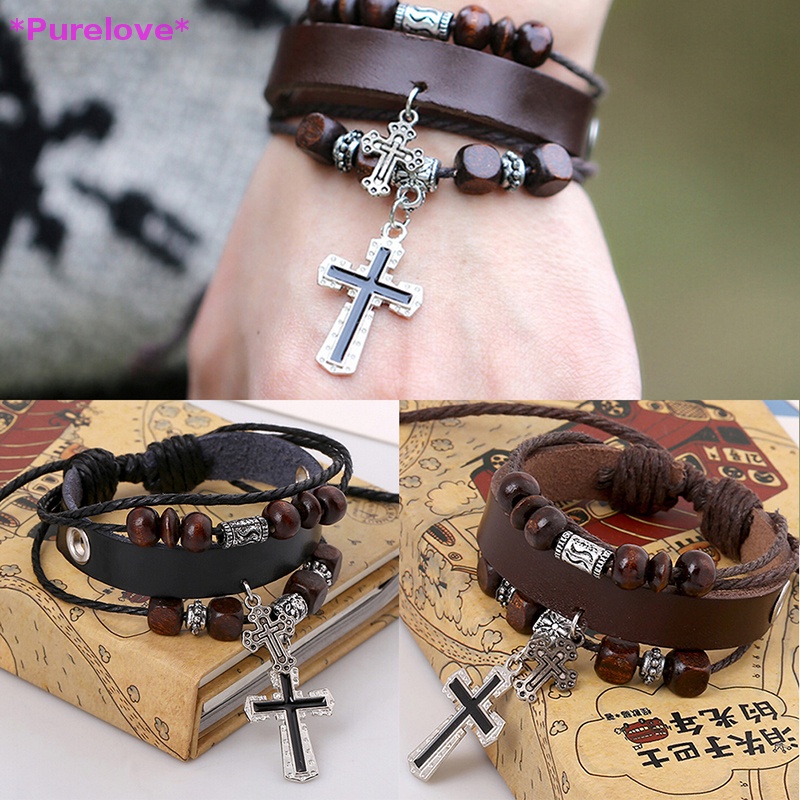 Vòng Tay Giả Da Đính Mặt Thánh Giá Phong Cách Punk Mới