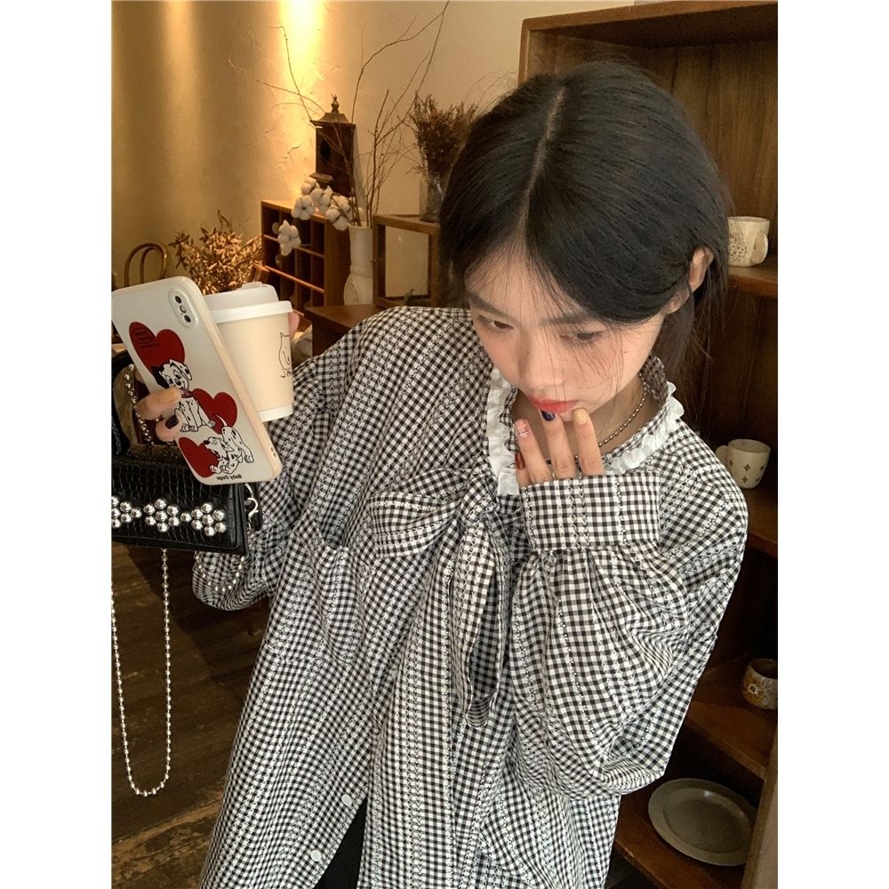 [F &amp; X] Áo Sơ Mi Nữ Tay Dài Cổ Chữ V Phối Ren Kẻ Sọc Caro Trắng Đen Sớm Mùa Xuân