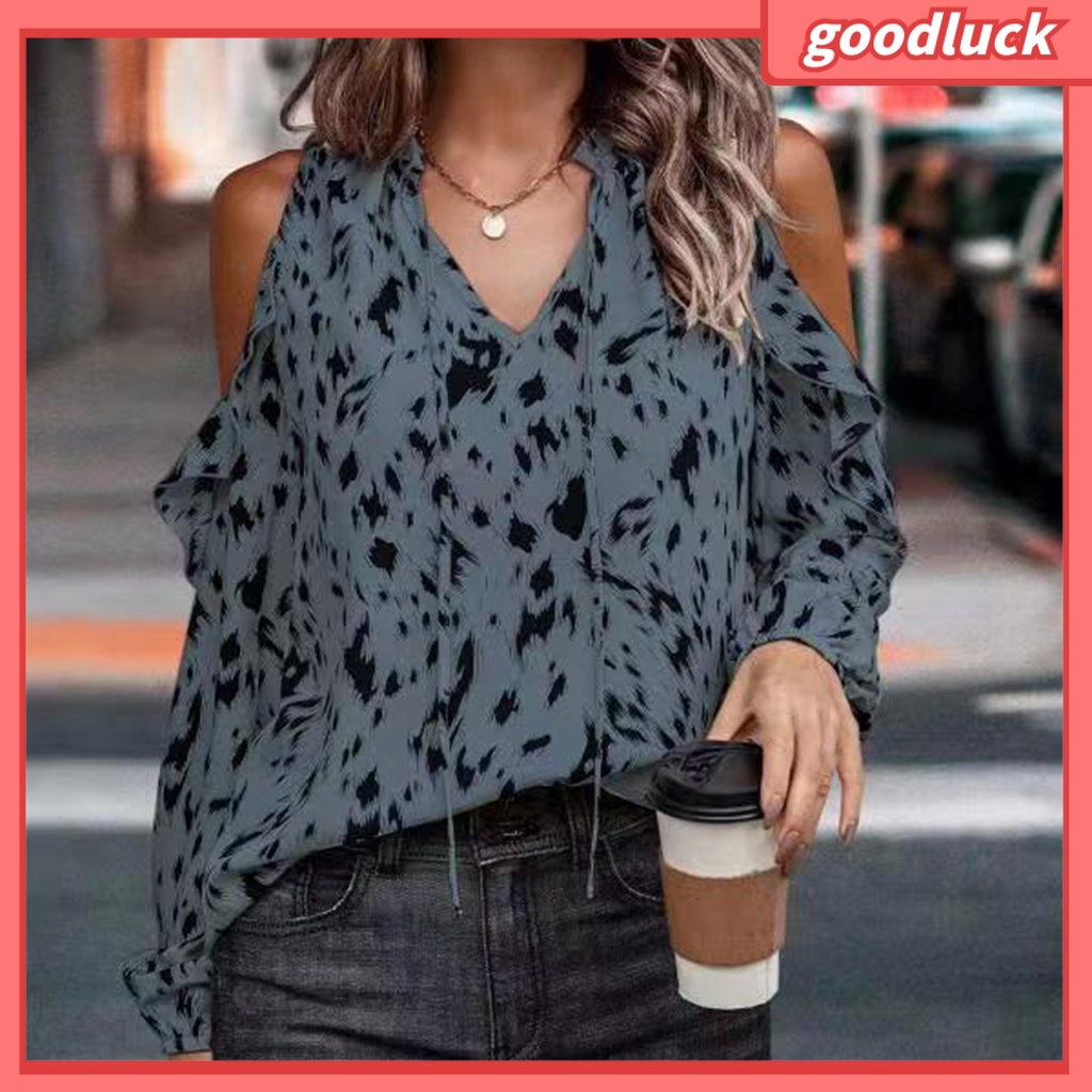 Áo Kiểu Trễ Vai Tay Dài Cổ Chữ V Phối Bèo Màu Sắc Tương Phản Thời Trang Xuân Hè Cho Nữ