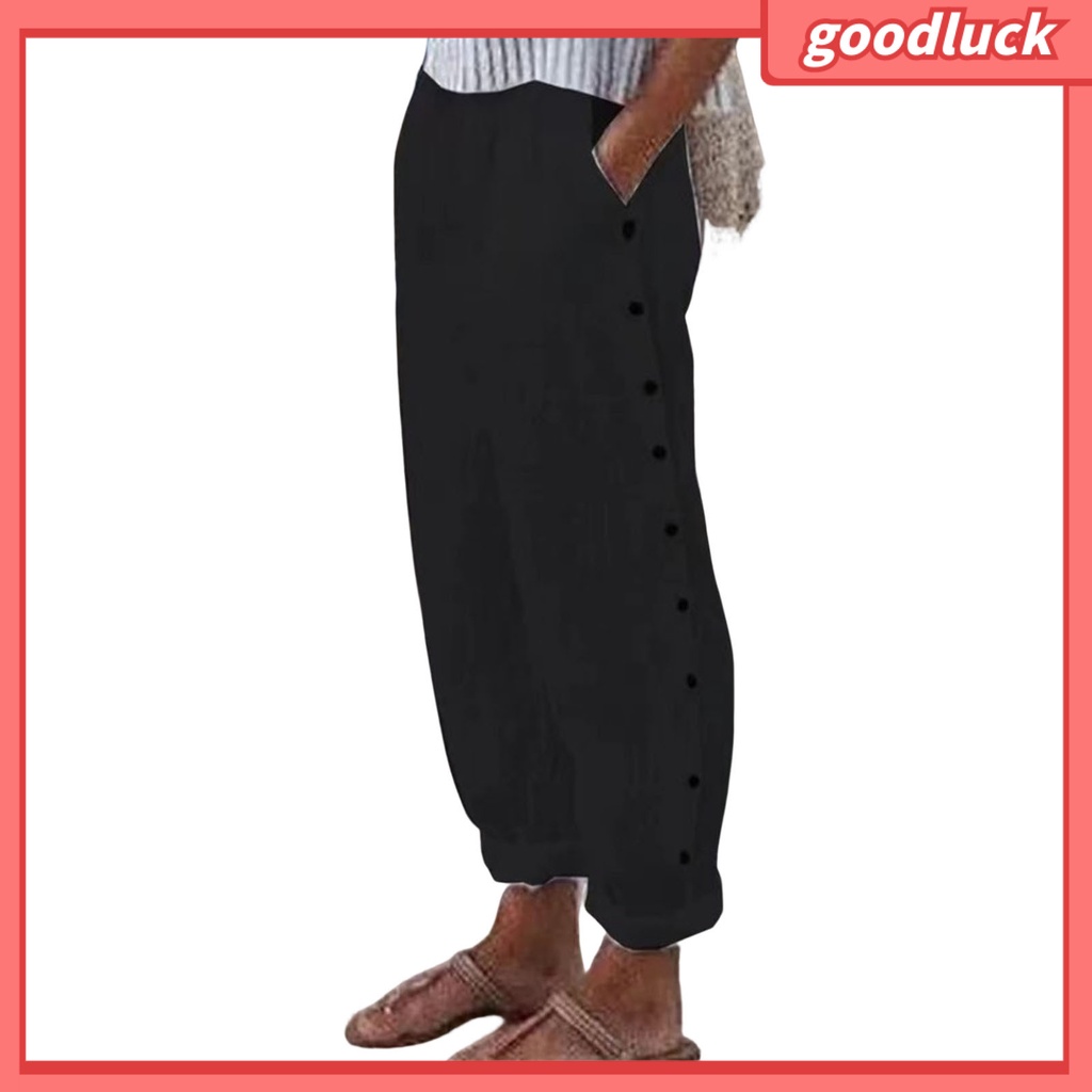 [ULK] Quần Dài Dáng Rộng Lưng Thun Màu Trơn Có Hai Túi Cài Nút Trang Trí Mặc Hàng Ngày Đơn Giản Cho Nữ