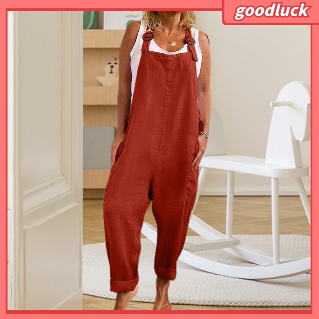 Bộ Áo Liền Quần Hai Dây Màu Trơn Ống Rộng Có Túi Tùy Chỉnh Thời Trang Cho Nữ