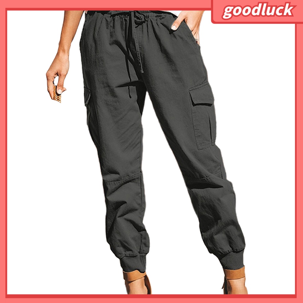 Quần Dài Lưng Thun Phối Dây Rút Nhiều Túi Phong Cách Đường Phố Cá Tính Cho Nữ