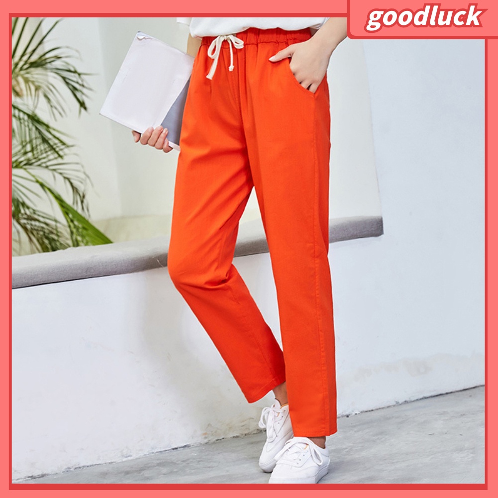 Quần Harem Vải Lanh Màu Trơn Dáng Rộng Có Túi Dây Rút Dành Cho Nữ