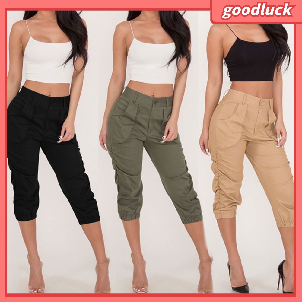 Quần Harem 3 / 4 Lưng Cao Màu Trơn Có Túi Thời Trang Mùa Hè Cho Nữ