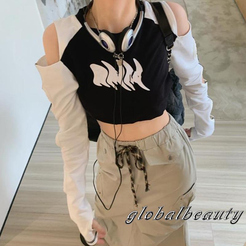 Áo Croptop Tay Dài Cổ Tròn Màu Sắc Tương Phản Thời Trang Mùa Xuân Cho Nữ
