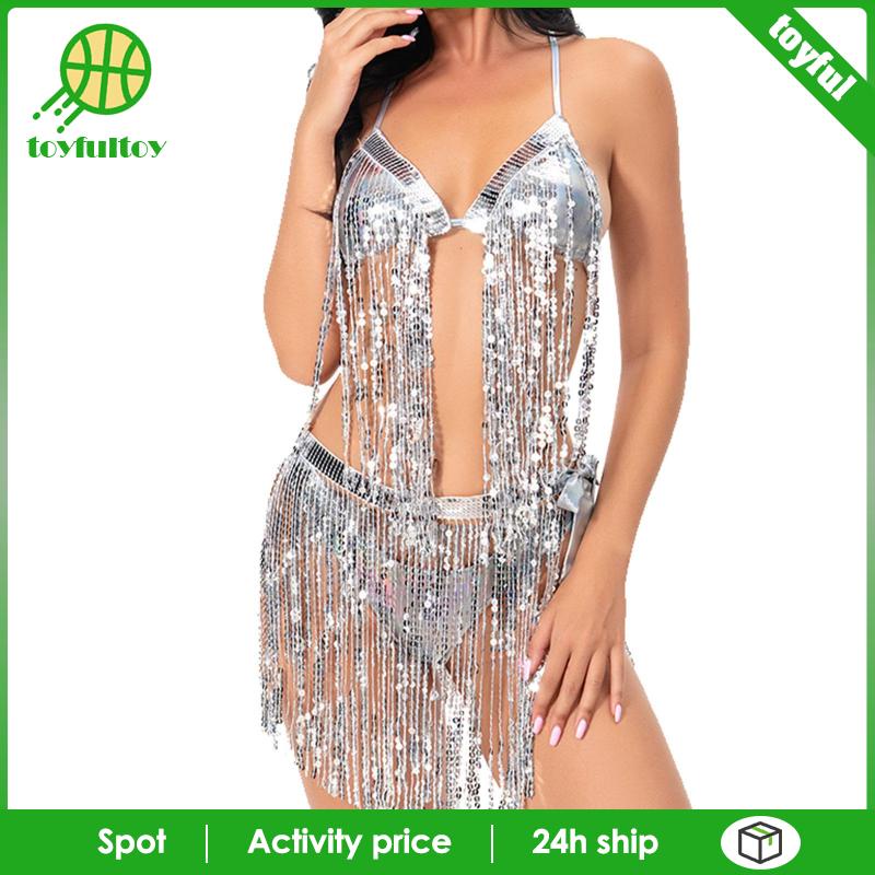 Bộ Đồ Bơi Bikini Phối Tua Rua Đính Kim Sa Lấp Lánh Dành Cho Nữ