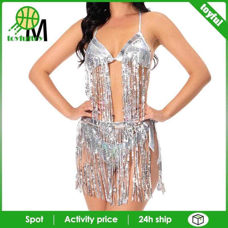 Bộ Đồ Bơi Bikini Phối Tua Rua Đính Kim Sa Lấp Lánh Dành Cho Nữ