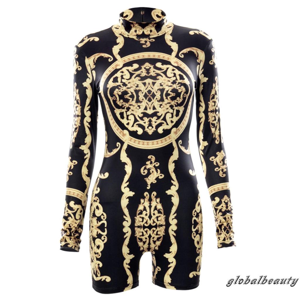 Bộ Áo Liền Quần Ngắn Tay Dài Cổ Cao Ôm Dáng In Họa Tiết Cho Nữ