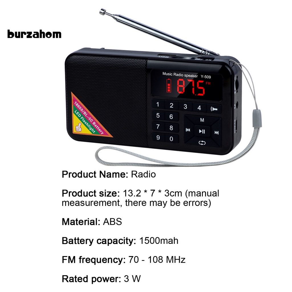 Loa Nghe Nhạc MP3 Y-509 FM Radio Kỹ Thuật Số Có Đèn Pin LED Dành Cho Hoạt Động Ngoài Trời