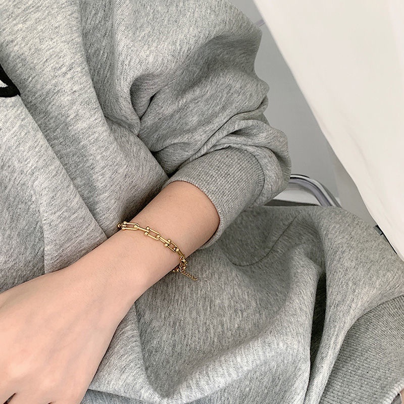 Vòng Tay Dạng Chuỗi Chữ u Bằng Thép Không Gỉ Phong Cách hip hop Thời Trang Cho Nam Và Nữ