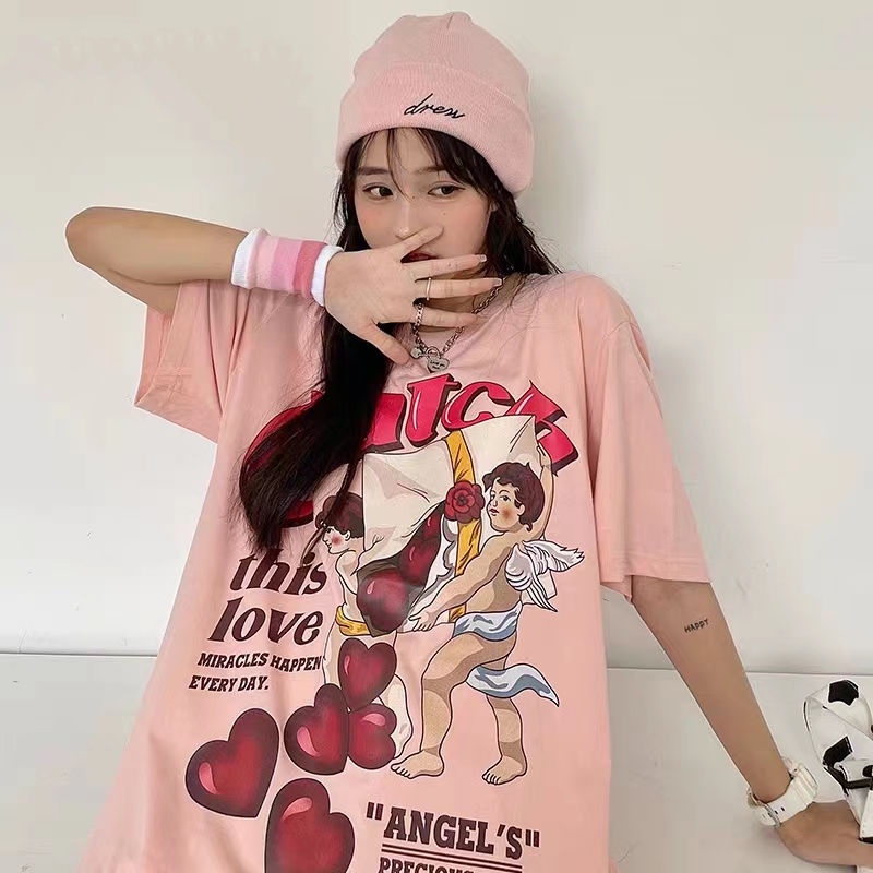 COZOK Áo Thun Ngắn Tay Dáng Rộng Thời Trang retro Hàn Quốc