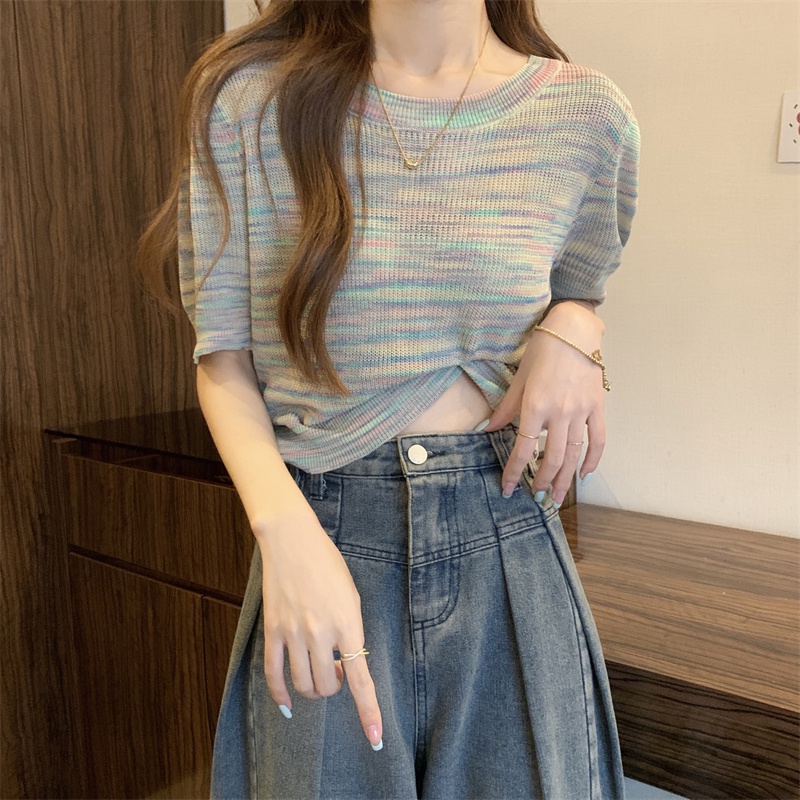 Áo Thun Nữ Ngắn Tay Cổ Tròn Màu Sắc Nổi Bật Phong Cách Hàn Quốc Thời Trang