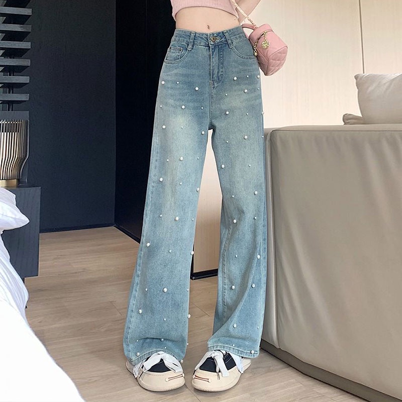 HUIZUMEI Quần jeans Nữ Lưng Cao Ống Rộng Đính Ngọc Trai Thời Trang Hàn Quốc