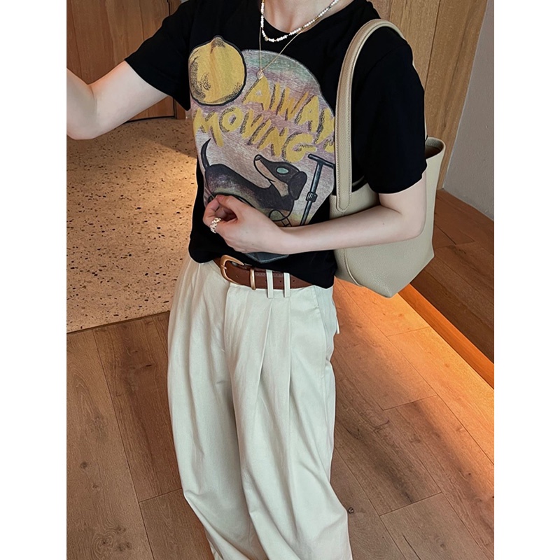 SUXI Áo Thun Cotton Tay Ngắn Cổ Tròn Dáng Rộng In Họa Tiết Vintage Thời Trang Mùa Hè Cho Nữ