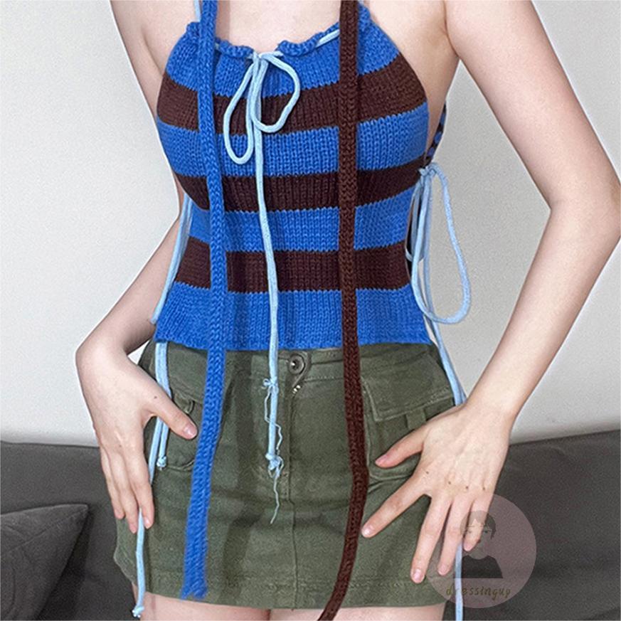 Áo Hai Dây Dệt Kim Ôm Dáng Màu Sắc Tương Phản Kèm Khăn Choàng Cổ Thời Trang Cho Nữ