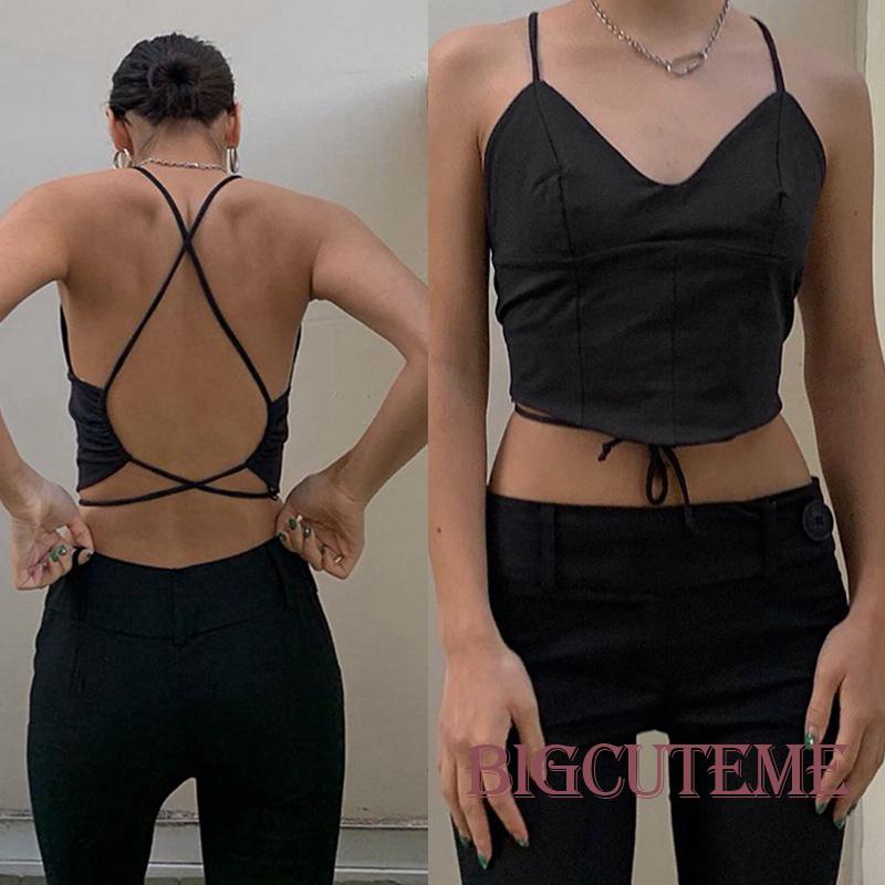 Áo Tank Top Hai Dây Cổ Chữ V Màu Trơn Thời Trang Dành Cho Nữ Đen