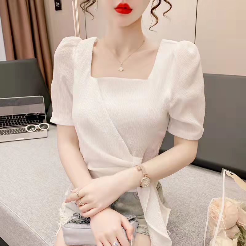 Áo Chiffon Tay Ngắn Phồng Cổ Vuông Thời Trang Mùa Hè 2023 Phong Cách Mới Cho Nữ