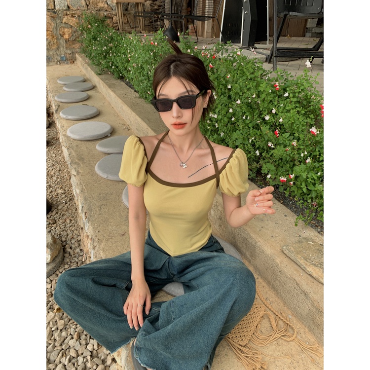 Áo Thun Tay Phồng Ngắn Cổ Vuông Màu Trơn Thời Trang Mùa Hè Phong Cách Hàn Quốc Cho Nữ