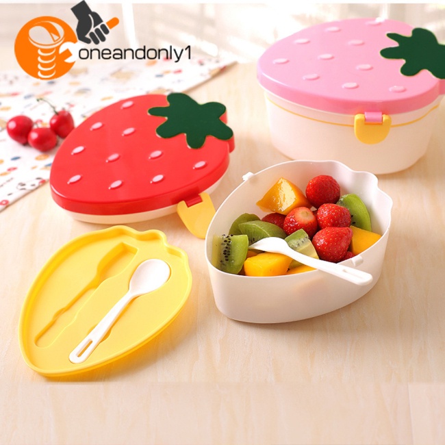 Hộp cơm 2 Tầng Cỡ Lớn Kèm Muỗng Nĩa Họa Tiết Dâu Tây Dễ Thương Cho Bé