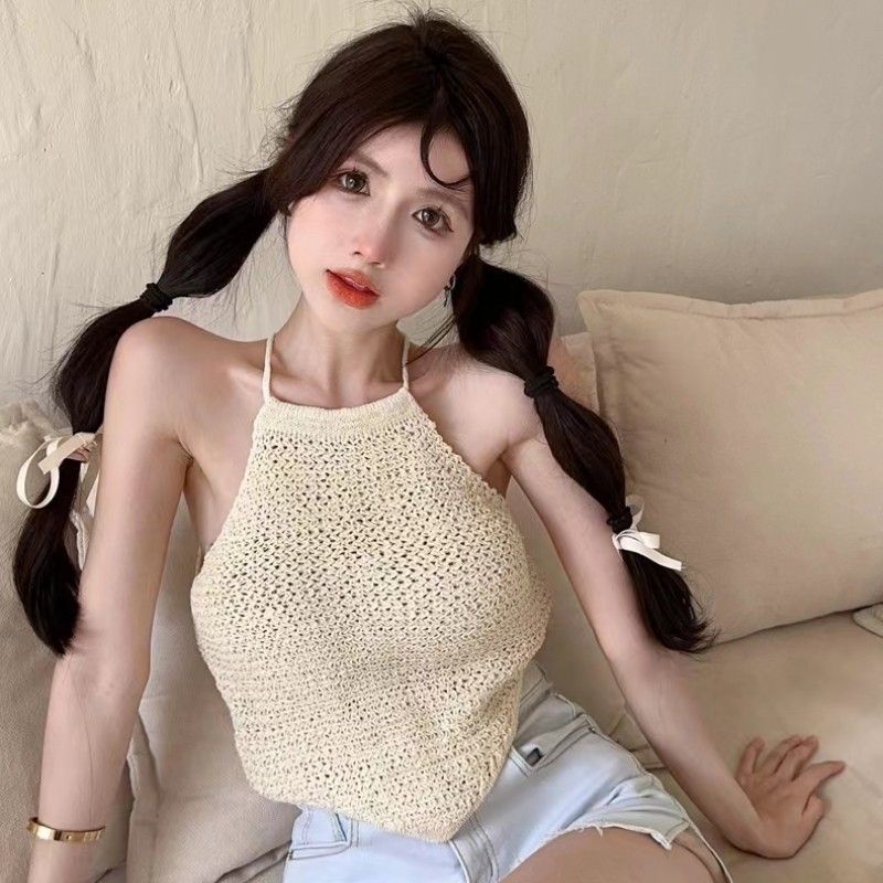 [F &amp; X ' Personality Sling 2023 Mùa hè Retro Ống hở lưng Top Giảm béo Hot Girl Không tay Dây rút dệt kim Áo yếm hàng đầu Phụ nữ mùa hè Áo Sexy