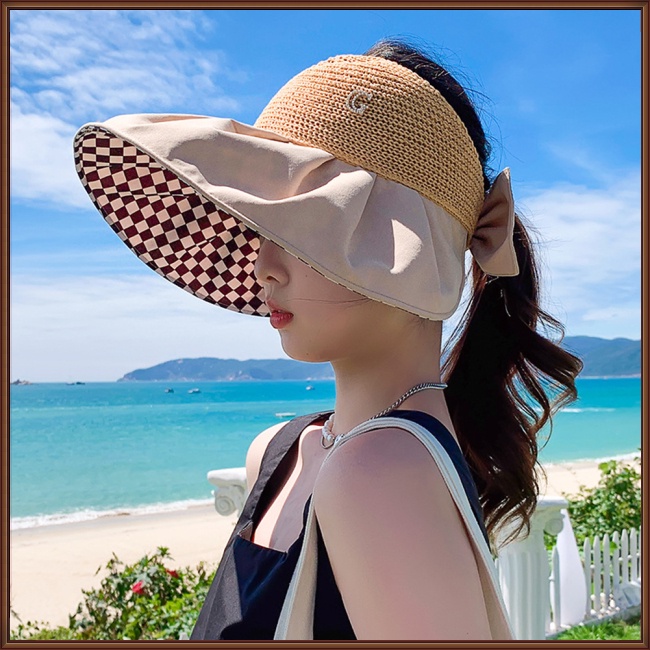 Jaz Mũ Rộng Vành Cotton Chống Nắng Hở Chóp Kẻ Sọc Caro Có Thể Gập Lại Cho Nữ