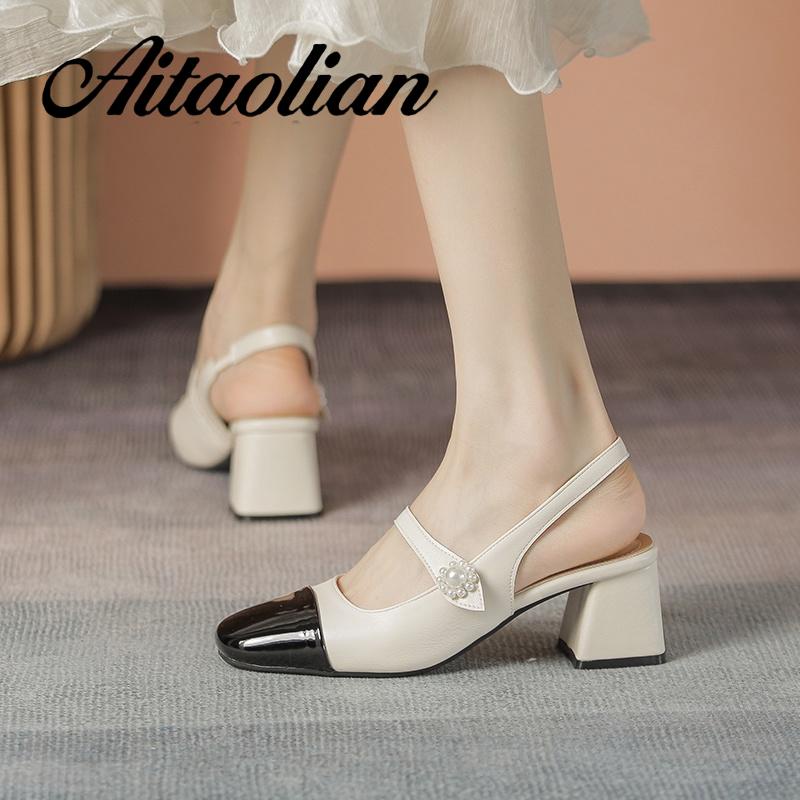 Xăng đan Cao Gót 5cm Bằng Da Thật Mũi Tròn Đế Mềm Màu Trơn Cho Nữ