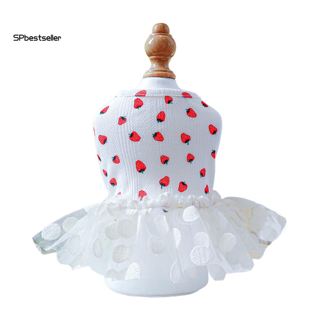 Đầm Tulle Cổ Tròn Không Tay Phối Lưới Họa Tiết Dâu Tây Dễ Thương Cho Thú Cưng