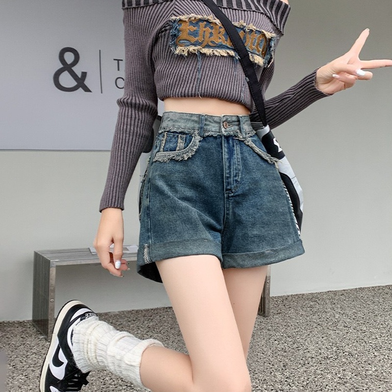 Quần Short Denim Lưng Cao Ống Rộng Phong Cách Hàn Quốc Plus Size Cho Nữ