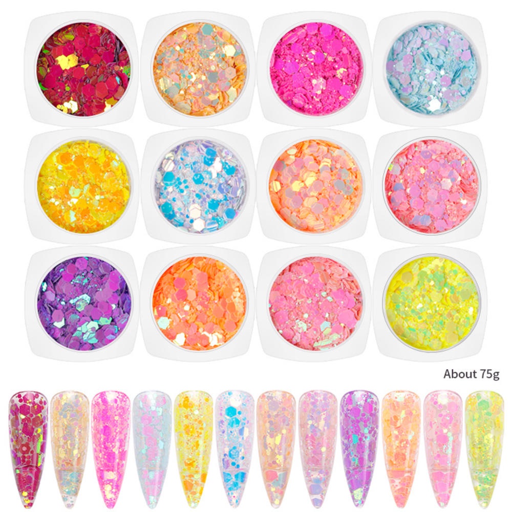 Set 12 Hộp Phụ Kiện Kim Tuyến Lấp Lánh Trang Trí Móng Tay Nghệ Thuật Kèm Hộp Đựng