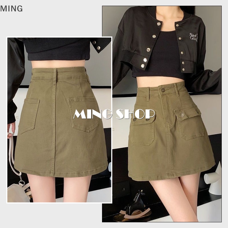 Ming Chân Váy Mini Chữ A Quấn Hông Có Túi Lưng Cao Màu Đen Sashes Faldas Mujer TH Thời Trang Mùa Hè Cho Nữ