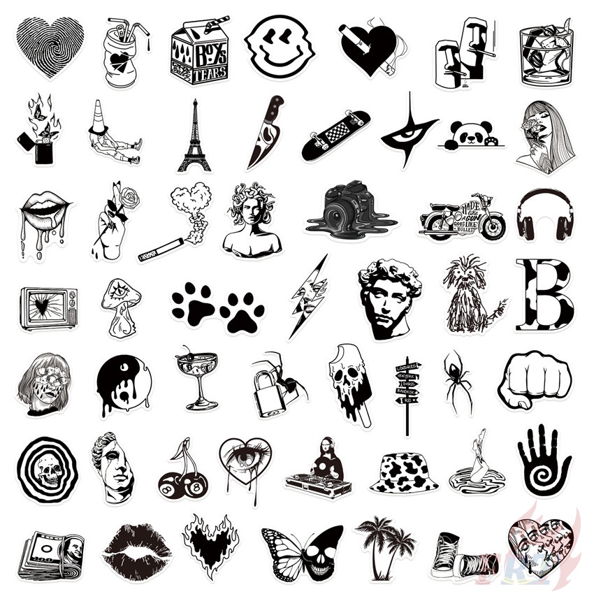 ❉ Set 03 Sticker Dán Trang Trí Hình Nghệ Thuật Màu Trắng Đen Phong Cách Cổ Điển ❉ Bộ 50 Sticker Chống Thấm Nước Họa Tiết Doodle Hợp Thời Trang