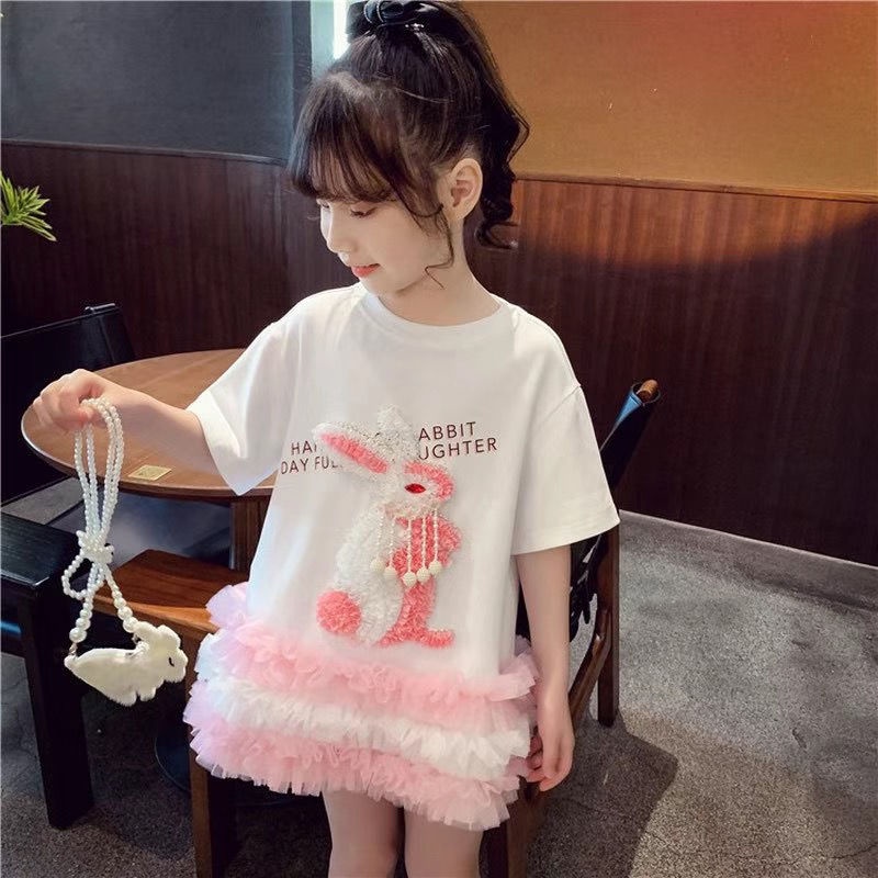 Đầm Thun Cotton Tay Ngắn In Hình Thỏ Thời Trang Mùa Hè Mới Cho Bé Gái