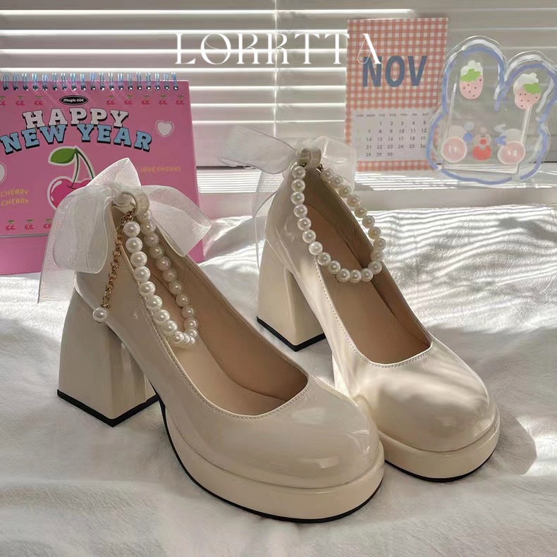 LORRTTA giày cao gót nữ giày nữ lolita giày Giày búp bê gót đại đính tinh thể 2023NEW 21Z23051904