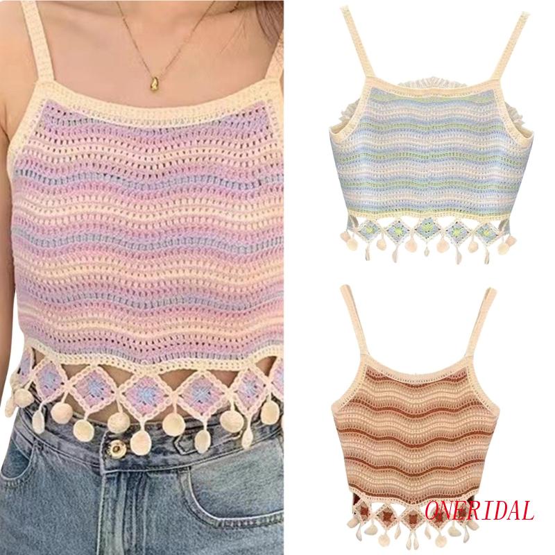 Áo Dệt Kim Sát Nách Cổ Tròn Phối Tua Rua Thời Trang Mùa Hè Dễ Thương Cho Nữ