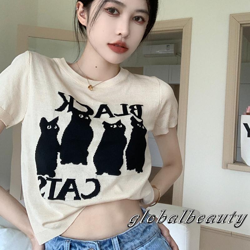 Áo Thun Tay Ngắn Cổ Tròn In Hình Mèo Thời Trang Dành Cho Nữ