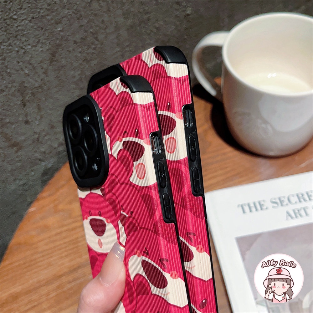 Ốp Điện Thoại Da Giả Viền TPU Dẻo Họa Tiết Chú Gấu &amp; Dâu Tây Màu Hồng Cho IPhone 14 Pro Max 11 12 11 Pro Max X 7Plus