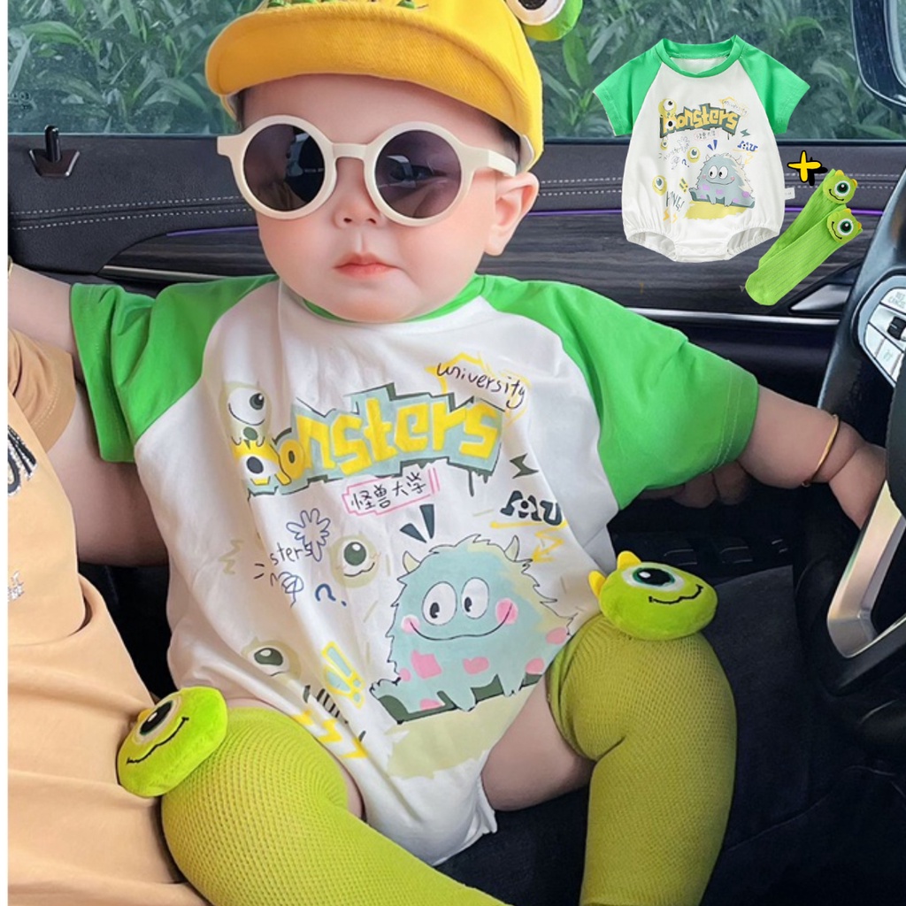 Bộ Áo Liền Quần Bằng Cotton Tay Ngắn + Vớ In Hình Quái Vật Nhỏ Phong Cách Hàn Quốc Thời Trang Mùa Hè Cho Bé Trai / Gái 0