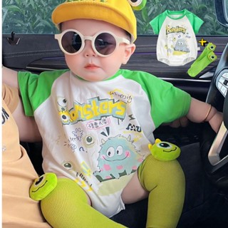 Bộ Áo Liền Quần Bằng Cotton Tay Ngắn + Vớ In Hình Quái Vật Nhỏ Phong Cách Hàn Quốc Thời Trang Mùa Hè Cho Bé Trai / Gái 0