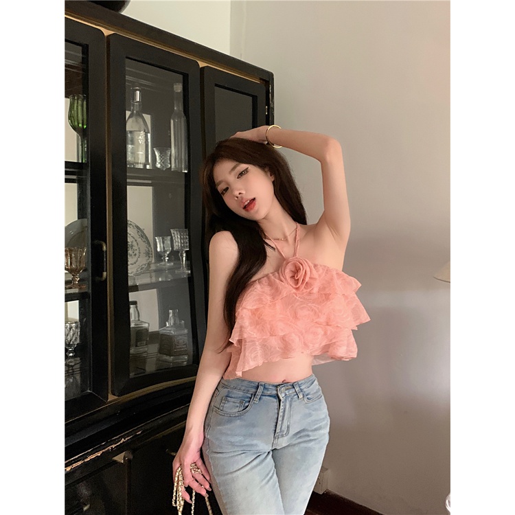 NZN Áo Croptop Hai Dây Cổ Yếm In Hoa Hồng Gợi Cảm