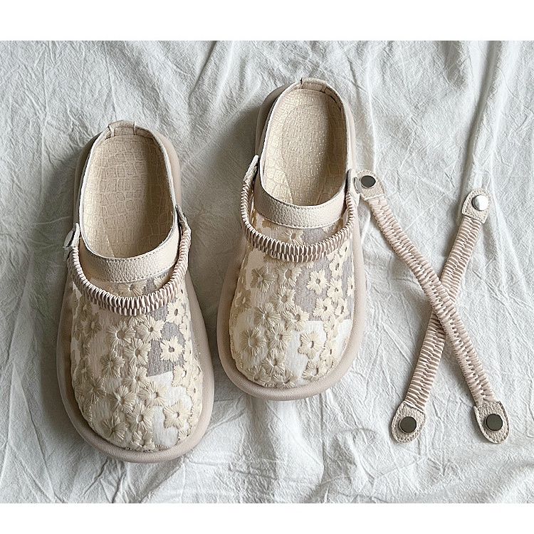 Duoya Tóc Thẳng ~ [Hàng Có Sẵn] Giày Sandal Bít Mũi Đế Mềm Thoáng Khí Phối Ren Rỗng Đơn Giản Dễ Phối Đồ Hàng Miễn Phí Cho Nữ