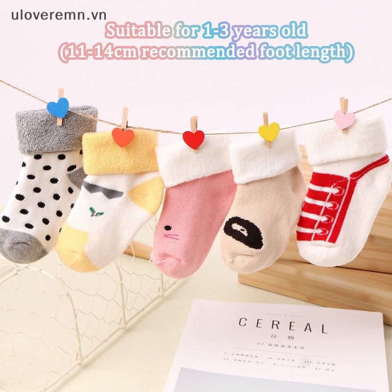 Set 5 Đôi Tất Cotton Dày Giữ Ấm Chống Trượt Thoáng Khí In Họa Tiết Hoạt Hình Dễ Thương Cho Bé