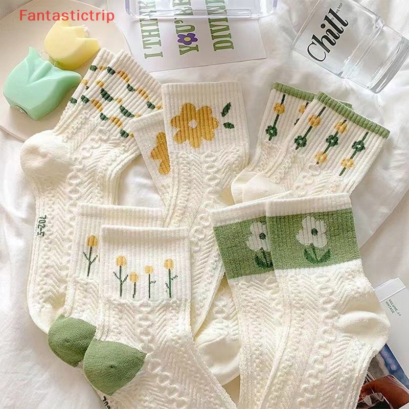 [Fantastictrip] Set 5 Cặp Vớ Cotton Trắng Thấm Hút Mồ Hôi Ngắn Hình Hoa Nhỏ Phong Cách Nhật Bản Dành Cho Nữ Mới