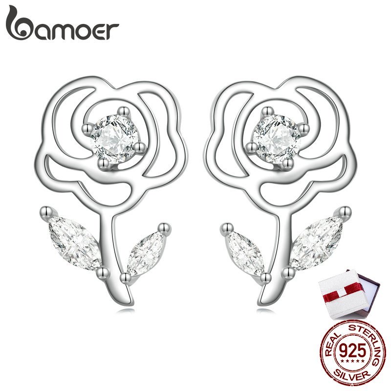 Khuyên tai BAMOER bạc 925 hình hoa hồng thời trang sành điệu