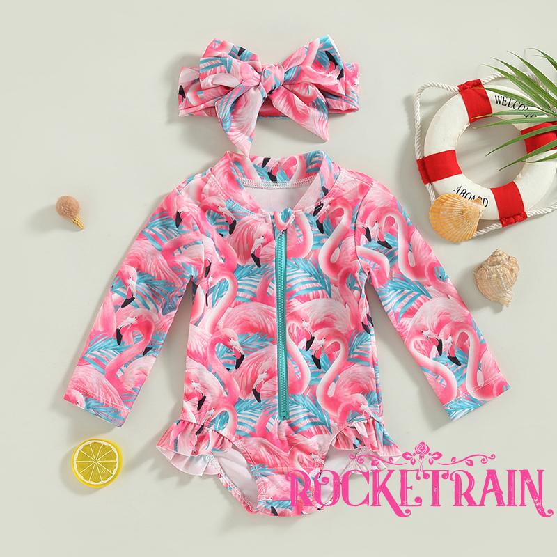 Wa-kids Bộ Đồ Bơi Liền Thân Tay Dài Có Khóa Kéo In Họa Tiết Hồng Hạc / Hoa Chống Nắng Cho Bé Gái