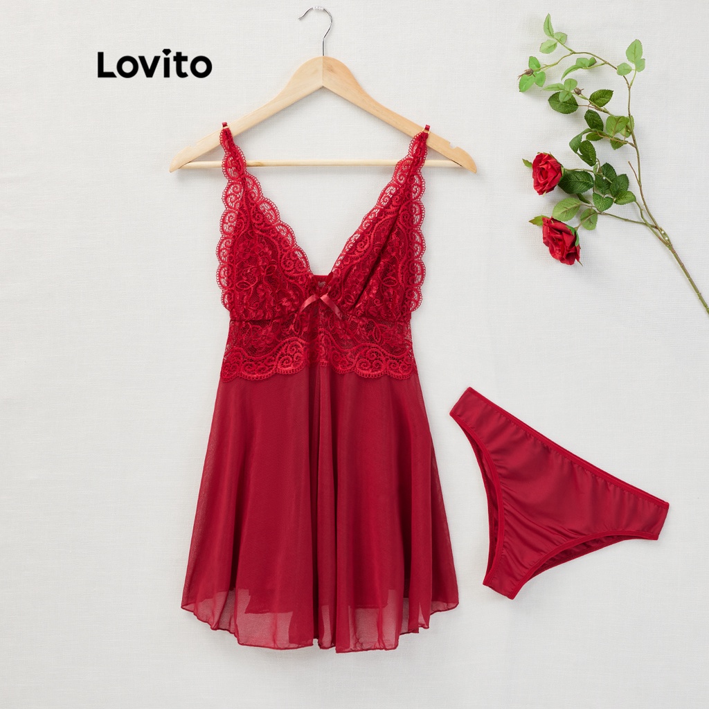 Đồ lót sexy Lovito phối ren lưng cao cổ chữ V sâu L17X059 (màu hồng/ đỏ)
