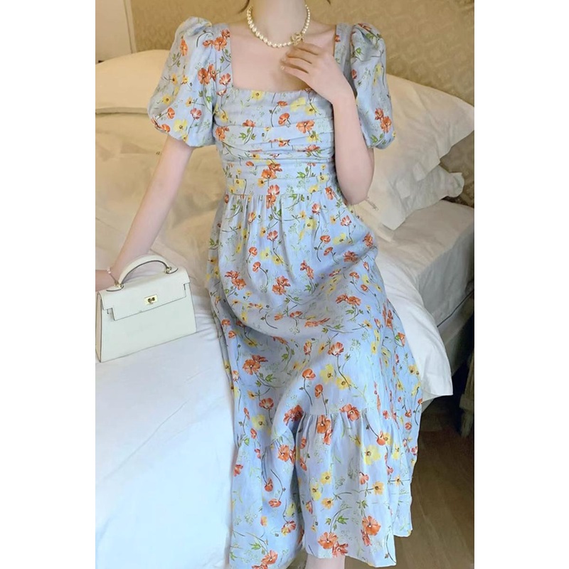 Đầm Hoa Cổ Vuông Dáng Dài Thời Trang Mùa Hè 2023 Phong Cách Pháp Xinh Xắn Cho Bé Gái
