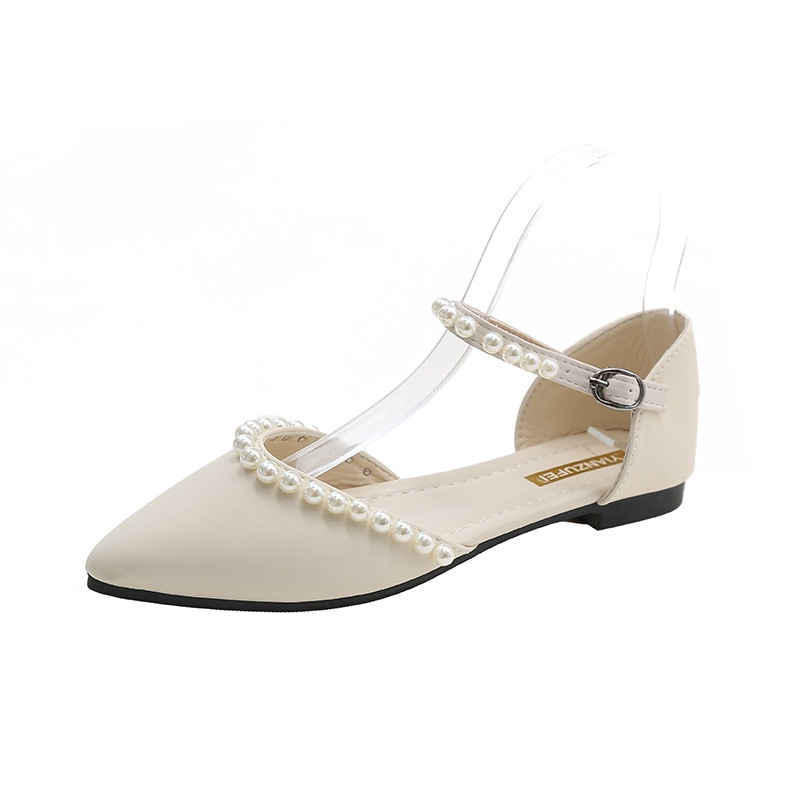 Sandal Mũi Nhọn Đế Bằng Đính Ngọc Trai Phong Cách Thời Trang Mới Dành Cho Nữ